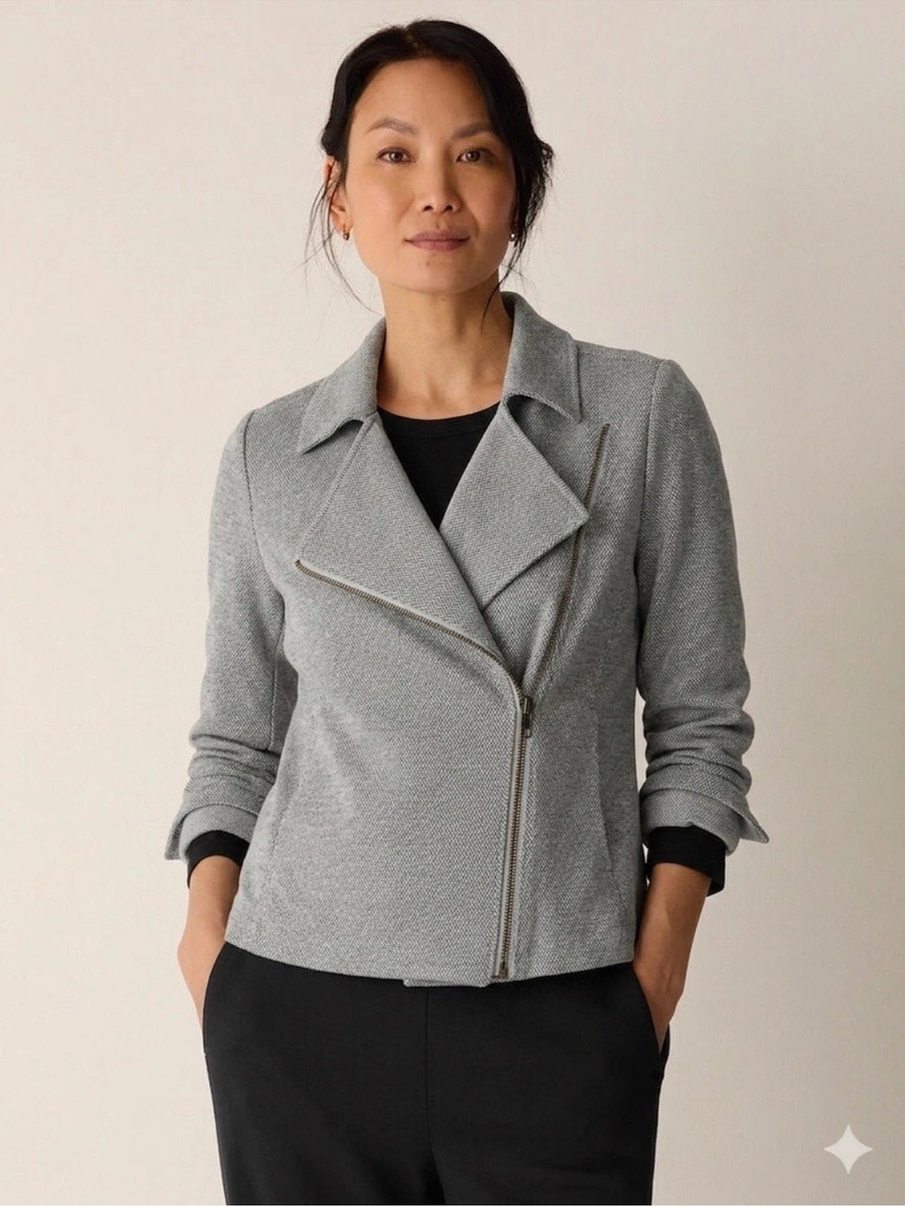 EILEEN FISHER Organic Cotton Tweed Moto Jacket, Size Small Petite.